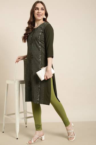 women's calf length round neck green floral straight kurta