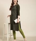 women's calf length round neck green floral straight kurta