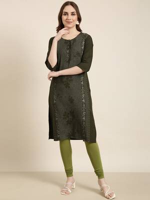 women's calf length round neck green floral straight kurta 2