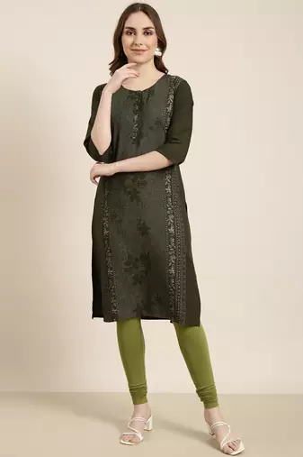 women's calf length round neck green floral straight kurta