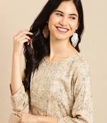 Showoff women's calf length round neck beige floral straight kurta