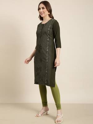 women's calf length round neck green floral straight kurta 3