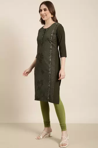 women's calf length round neck green floral straight kurta
