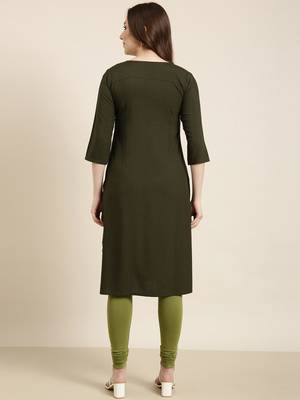 women's calf length round neck green floral straight kurta 4