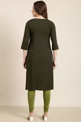 women's calf length round neck green floral straight kurta