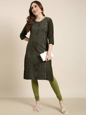 women's calf length round neck green floral straight kurta 5