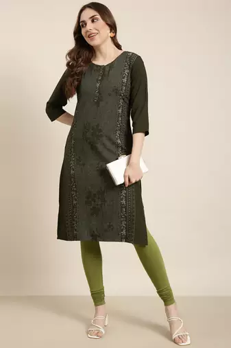women's calf length round neck green floral straight kurta
