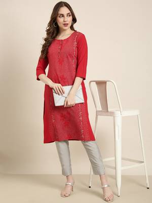 women's calf length round neck red floral straight kurta 1