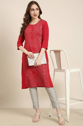 women's calf length round neck red floral straight kurta