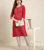 women's calf length round neck red floral straight kurta