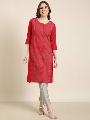 women's calf length round neck red floral straight kurta 2