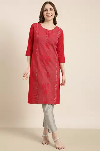 women's calf length round neck red floral straight kurta