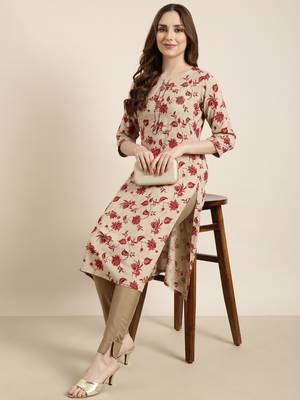 Showoff women's calf length round neck beige floral straight kurta 1