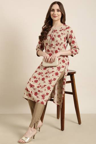 Showoff women's calf length round neck beige floral straight kurta