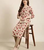 Showoff women's calf length round neck beige floral straight kurta