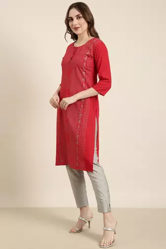 women's calf length round neck red floral straight kurta