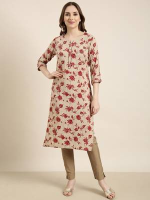 Showoff women's calf length round neck beige floral straight kurta 2