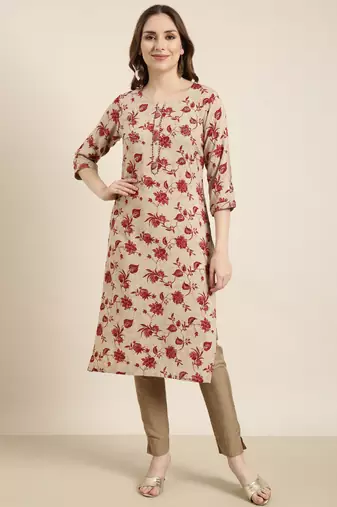 Showoff women's calf length round neck beige floral straight kurta
