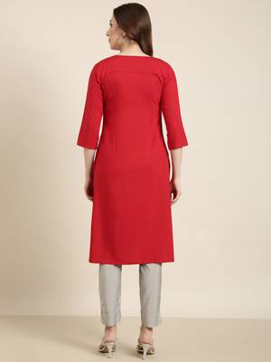 women's calf length round neck red floral straight kurta 4