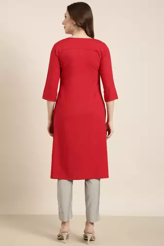 women's calf length round neck red floral straight kurta