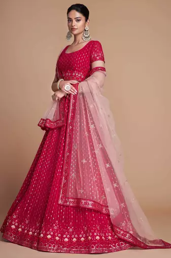 rani pink embroidery georgette wedding lehenga set choli with dupatta