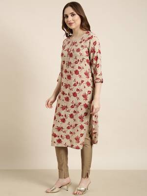 Showoff women's calf length round neck beige floral straight kurta 3