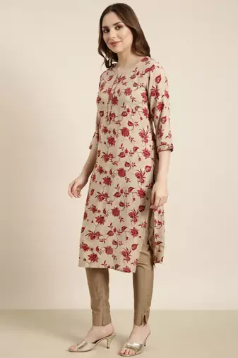Showoff women's calf length round neck beige floral straight kurta