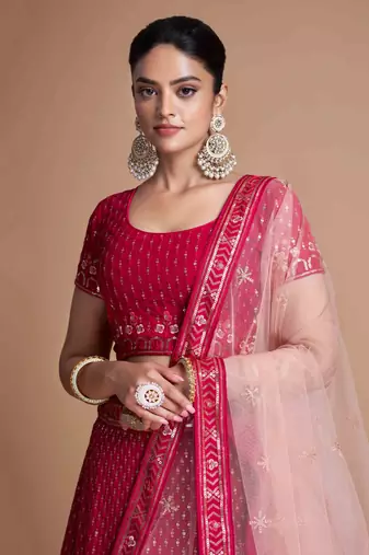 rani pink embroidery georgette wedding lehenga set choli with dupatta