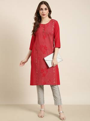 women's calf length round neck red floral straight kurta 5