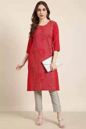 women's calf length round neck red floral straight kurta