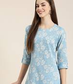 women's calf length round neck blue floral straight kurta