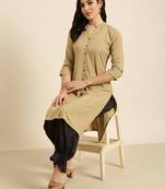 women's calf length mandarin collar beige solid straight kurta