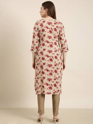 Showoff women's calf length round neck beige floral straight kurta 4