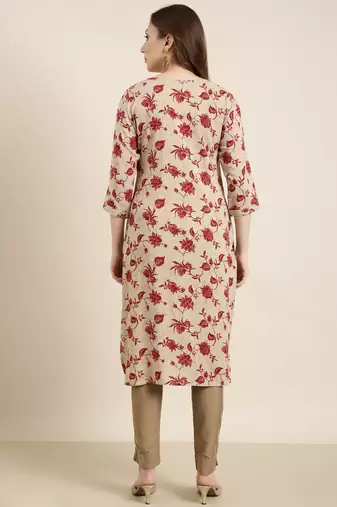 Showoff women's calf length round neck beige floral straight kurta