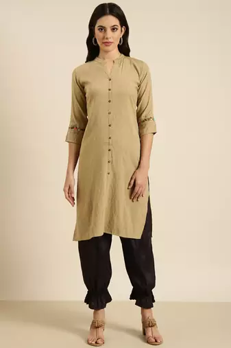 women's calf length mandarin collar beige solid straight kurta
