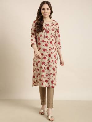 Showoff women's calf length round neck beige floral straight kurta 5