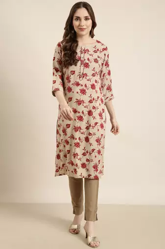 Showoff women's calf length round neck beige floral straight kurta