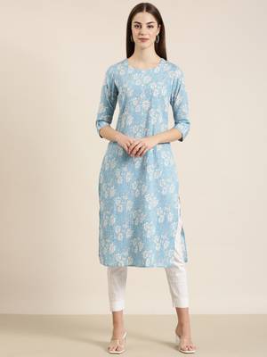 women's calf length round neck blue floral straight kurta 2