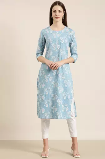 women's calf length round neck blue floral straight kurta