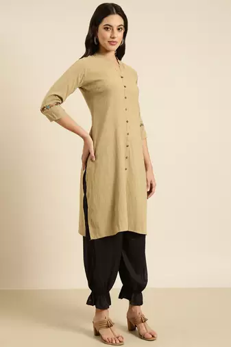 women's calf length mandarin collar beige solid straight kurta