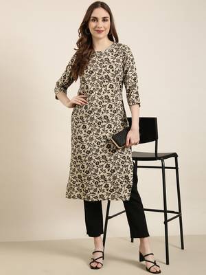 women's calf length round neck beige floral straight kurta 1