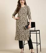 women's calf length round neck beige floral straight kurta