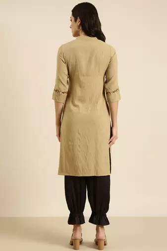 women's calf length mandarin collar beige solid straight kurta