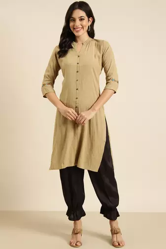 women's calf length mandarin collar beige solid straight kurta
