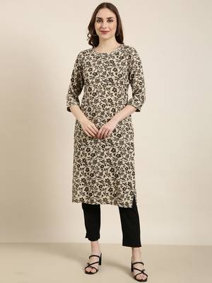 women's calf length round neck beige floral straight kurta 2