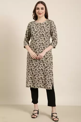 women's calf length round neck beige floral straight kurta
