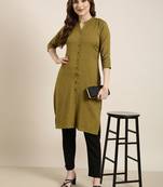 women's calf length mandarin collar olive solid straight kurta