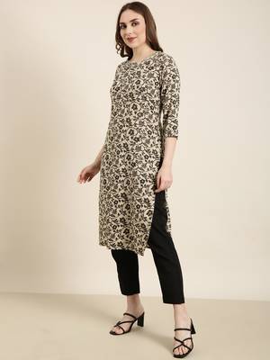 women's calf length round neck beige floral straight kurta 3