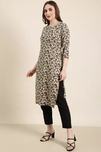 women's calf length round neck beige floral straight kurta