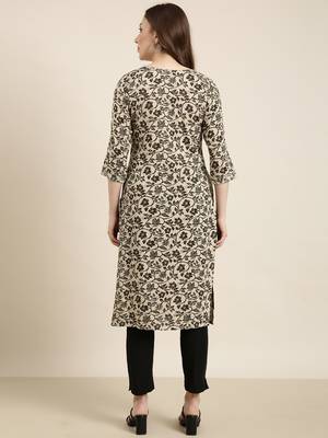 women's calf length round neck beige floral straight kurta 4